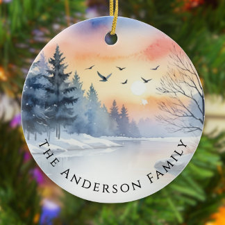 Watercolor Sunrise Winter Birds Lake Christmas Ceramic Ornament