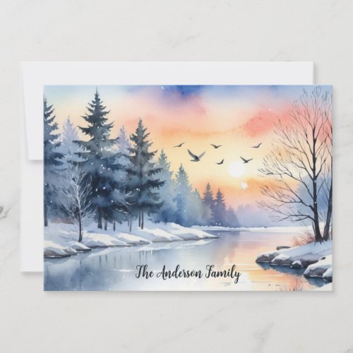 Watercolor Sunrise Winter Birds Lake Christmas Holiday Card