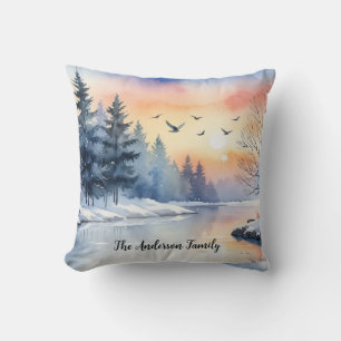 Watercolor Sunrise Winter Birds Lake Christmas Throw Pillow