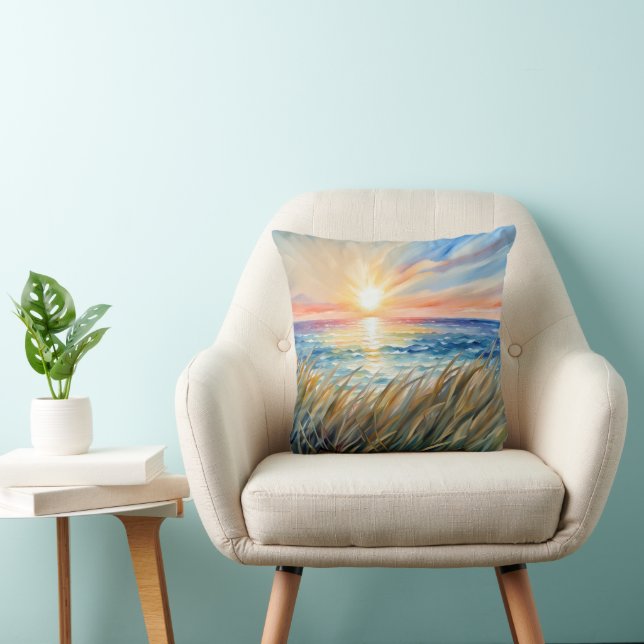 Watercolor Sunrise With Beach Grass Throw Pillow (Chair)
