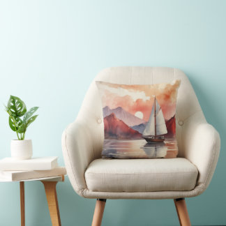 Watercolor Sunrise With Yacht Throw Pillow
