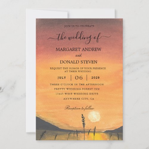 watercolor sunset barn wedding invitation