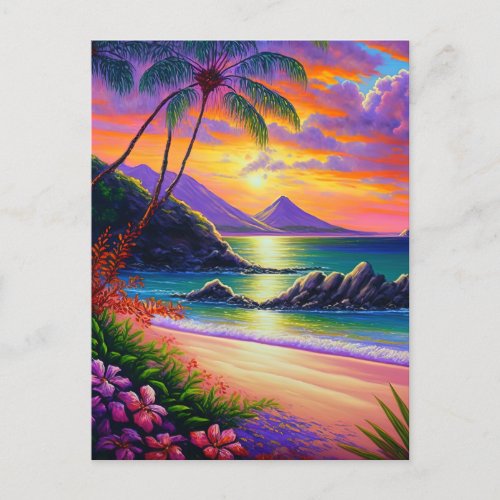 Watercolor Sunset Beach Background Postcard