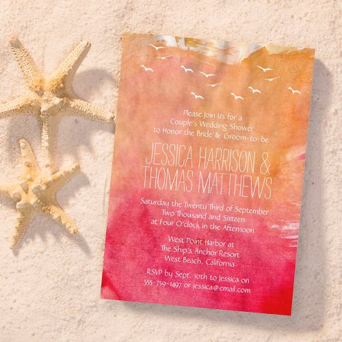 Watercolor Sunset Beach Couples Wedding Shower Invitation