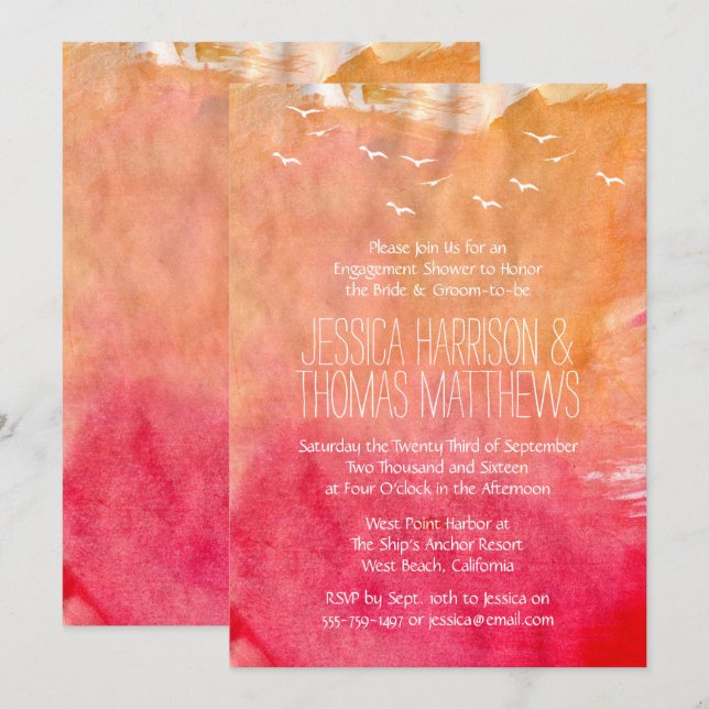 Watercolor Sunset Beach Engagement Shower Or Party Invitation (Front/Back)