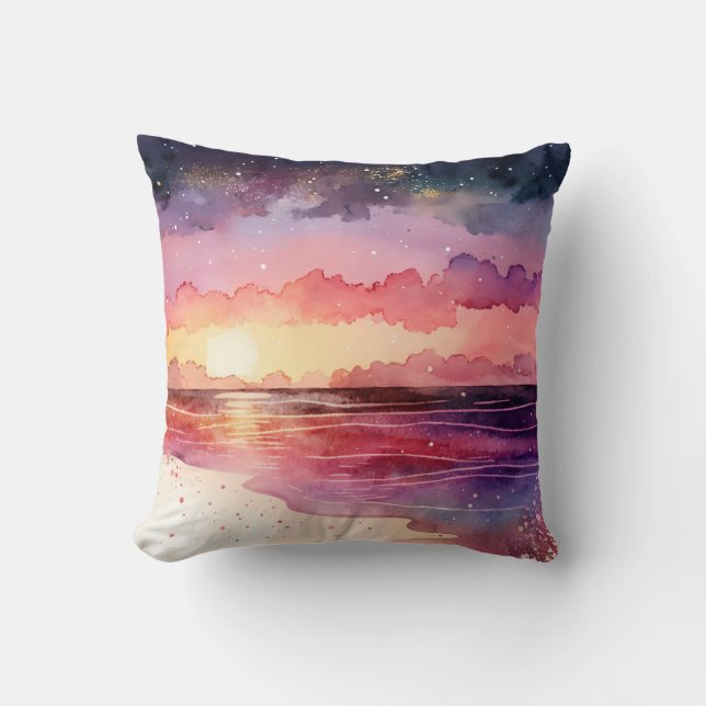 Watercolor Sunset Beach Throw Pillow (Front)