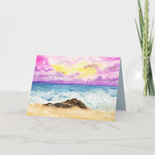 Watercolor Sunset Beach With Crashing Waves Card