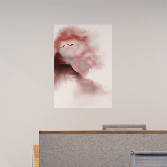 Watercolor Sunset Birds Mountain Abstract Landscpe Wall Decal (Office)