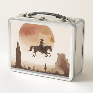 Watercolor Sunset Cowboy Metal Lunch Box