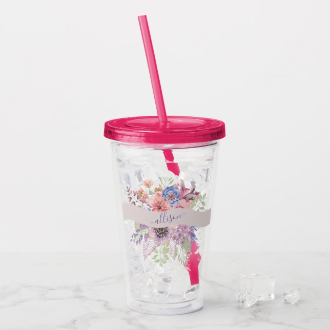 Watercolor sunset floral personalized   acrylic tumbler (Front Ice)