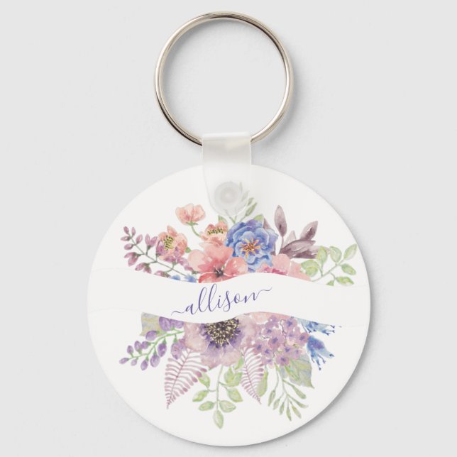 Watercolor sunset floral personalized  keychain (Front)