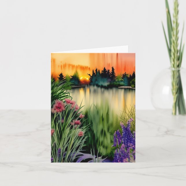 Watercolor sunset garden pond customizable card (Front)