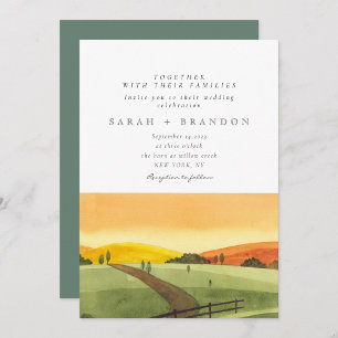 Watercolor Sunset Green field wedding invitation