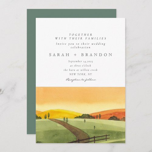 Watercolor Sunset  Green field wedding invitation
