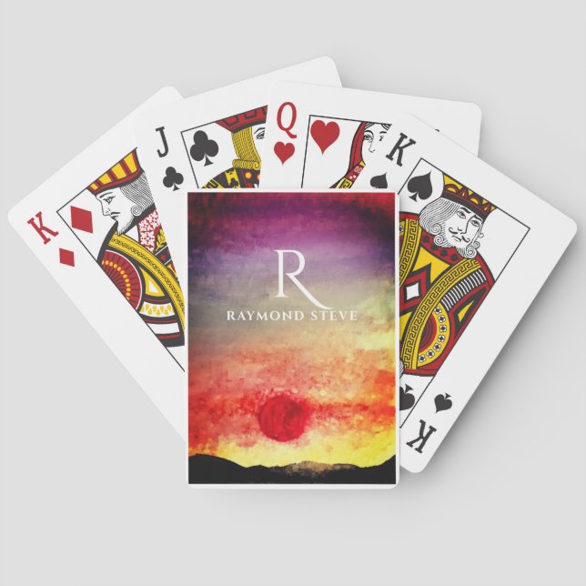 Watercolor Sunset Mountains Monogrammed Poker Cards (Back)