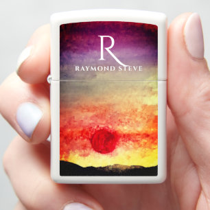 Watercolor Sunset Mountains Monogrammed Zippo Lighter