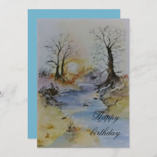 Watercolor sunset on river and landscape