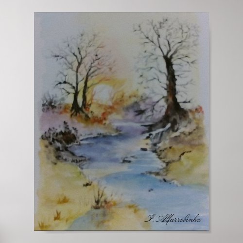Watercolor sunset on river and landscape poster