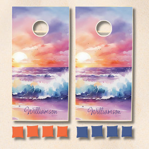 Watercolor Sunset on the Beach Monogram Cornhole Set