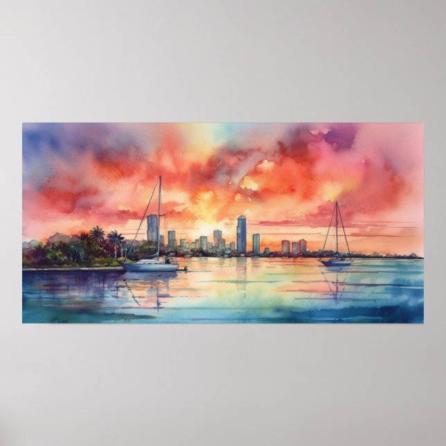 Watercolor sunset over Miami from Biscayne Bay Poster (Front)