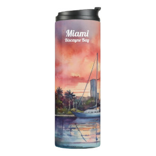 Watercolor sunset over Miami from Biscayne Bay Thermal Tumbler