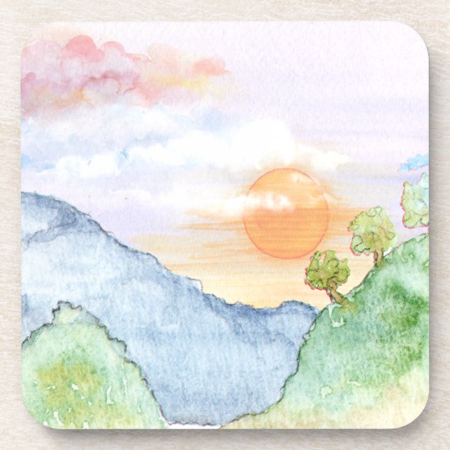 Watercolor Sunset over Mountains & Trees Beverage Coaster (Front)