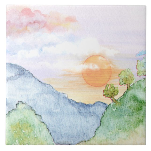 Watercolor Sunset over Mountains & Trees  Ceramic Tile (Front)