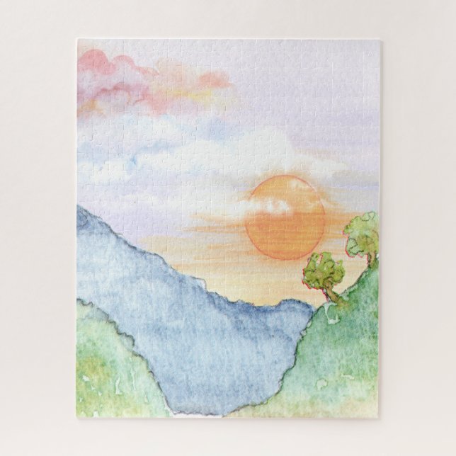 Watercolor Sunset over Mountains & Trees Jigsaw Puzzle (Vertical)