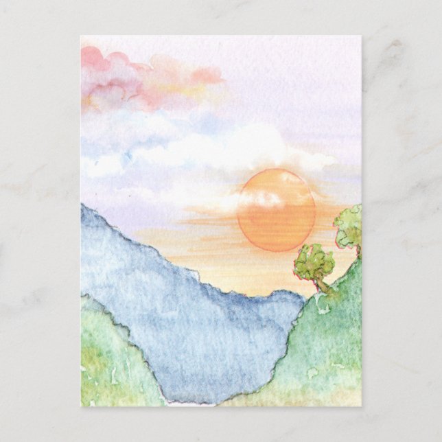Watercolor Sunset over Mountains & Trees  Postcard (Front)
