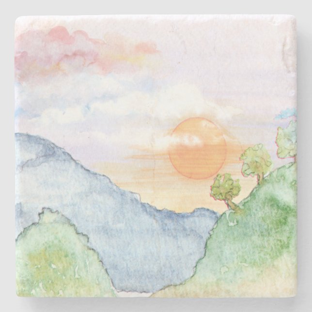 Watercolor Sunset over Mountains & Trees  Stone Coaster (Front)