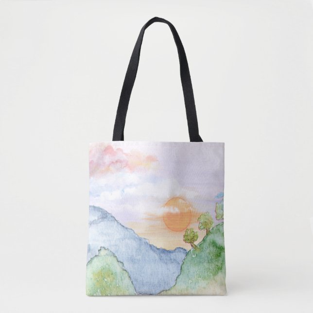 Watercolor Sunset over Mountains & Trees  Tote Bag (Front)