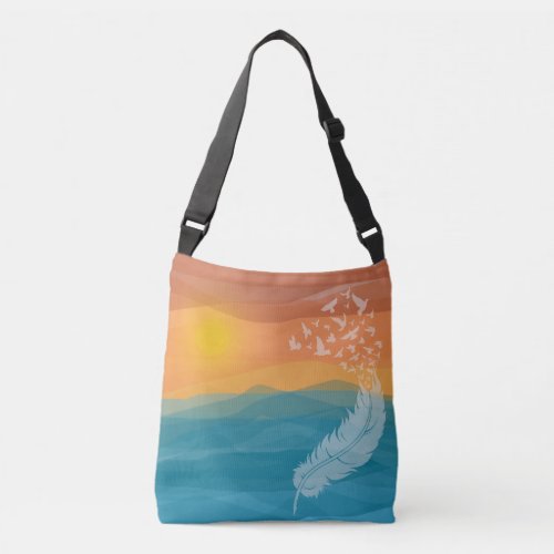 Watercolor Sunset Over Ocean Birds of a Feather Crossbody Bag