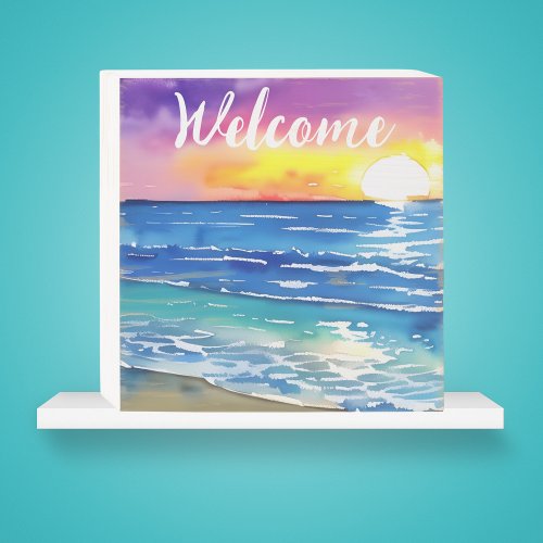 Watercolor Sunset Over the Ocean Welcome  Wooden Box Sign