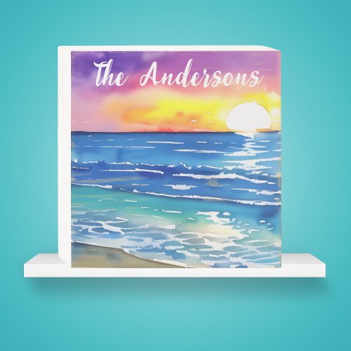 Watercolor Sunset Over the Ocean Wooden Box Sign