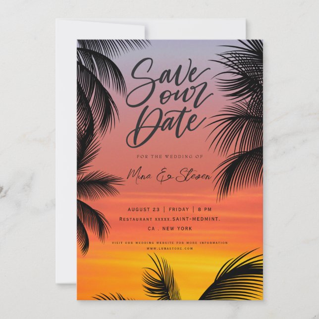 Watercolor sunset palm beach wedding save the date (Front)