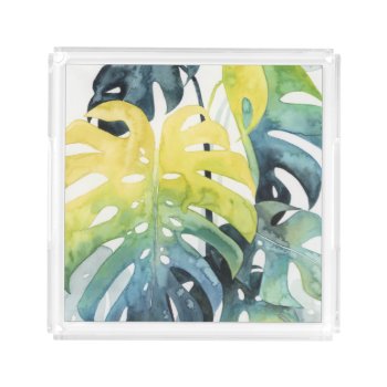 Watercolor Sunset Palm Tree Leaves Acrylic Tray by worldartgroup at Zazzle