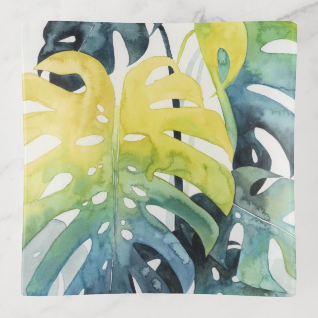 Watercolor Sunset Palm Tree Leaves Trinket Tray (Front)