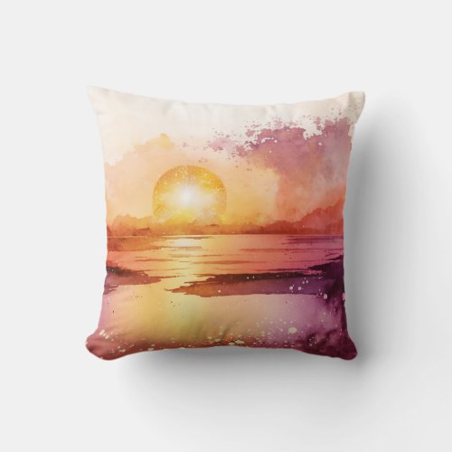 Watercolor Sunset Seascape Throw Pillow