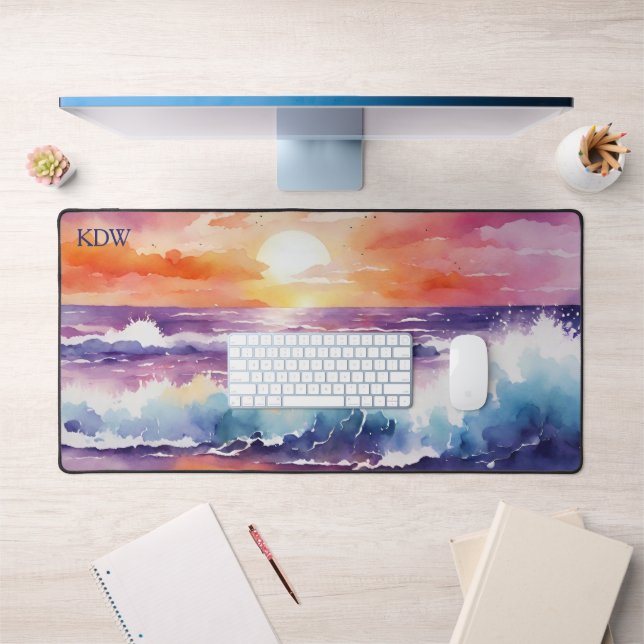 Watercolor Sunset Surf Monogram  Desk Mat (Office 1)