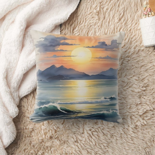 Watercolor Sunset Throw Pillow (Blanket)