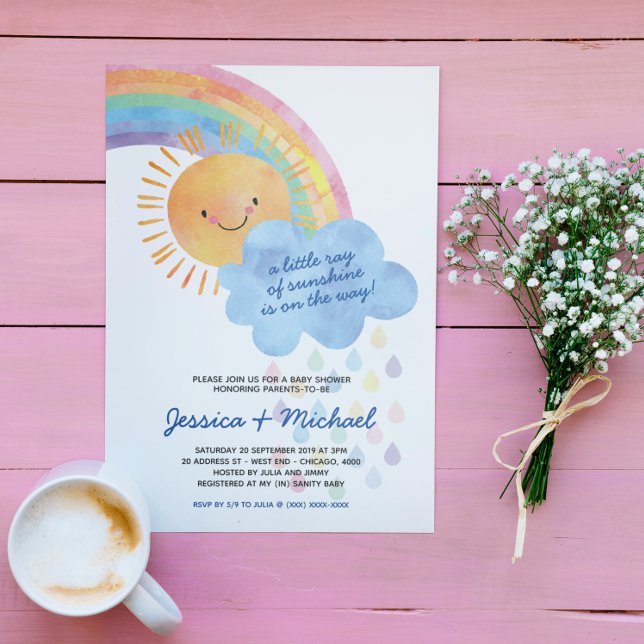 Watercolor Sunshine and Rainbow Baby Shower Invitation
