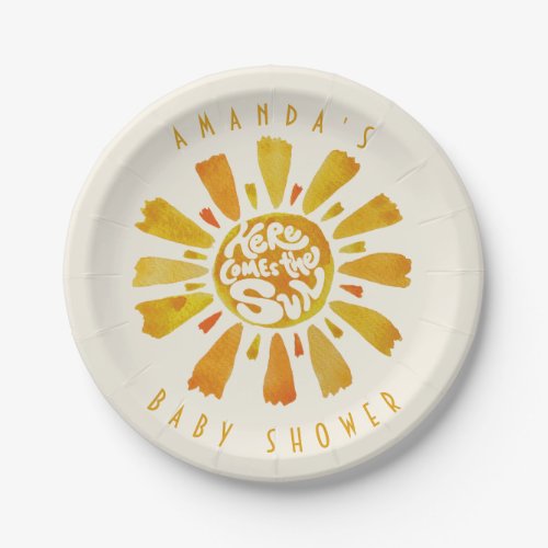 Watercolor Sunshine Ray Boho Baby Shower Paper Plates