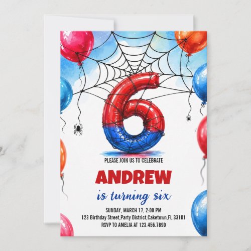 Watercolor Superhero Spider Foil Balloon Birthday Invitation