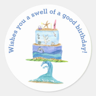 Watercolor Surf Board Birthday Cake Classic Round Sticker