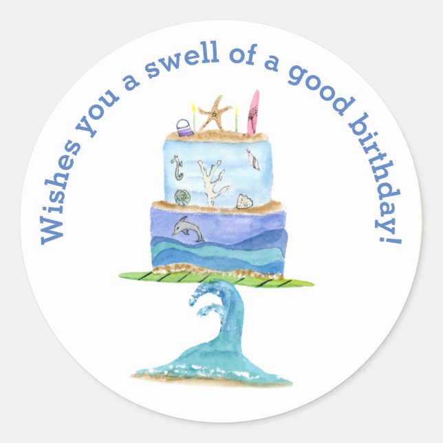 Watercolor Surf Board Birthday Cake Classic Round Sticker (Front)