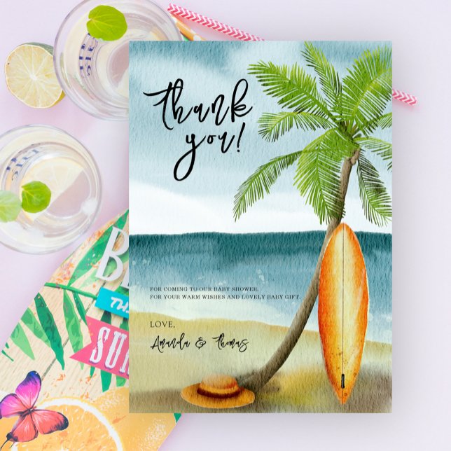 Watercolor surfboard on beach - thank you card (Creator Uploaded)