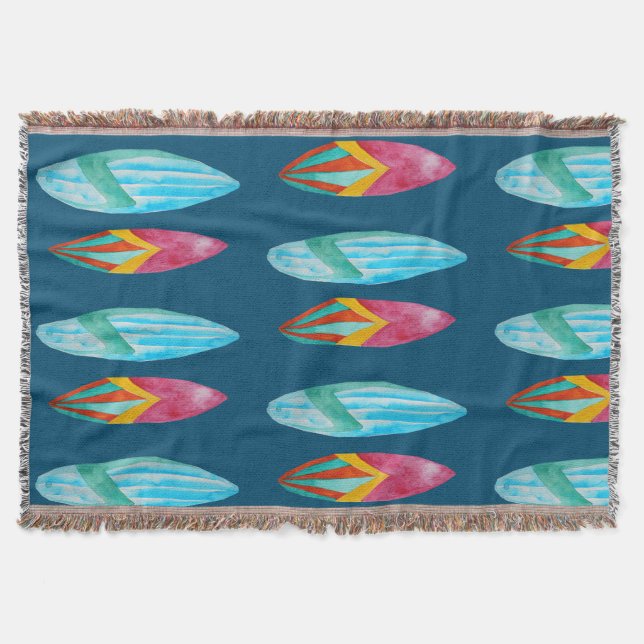 Watercolor Surfboard Pattern Throw Blanket (Front)
