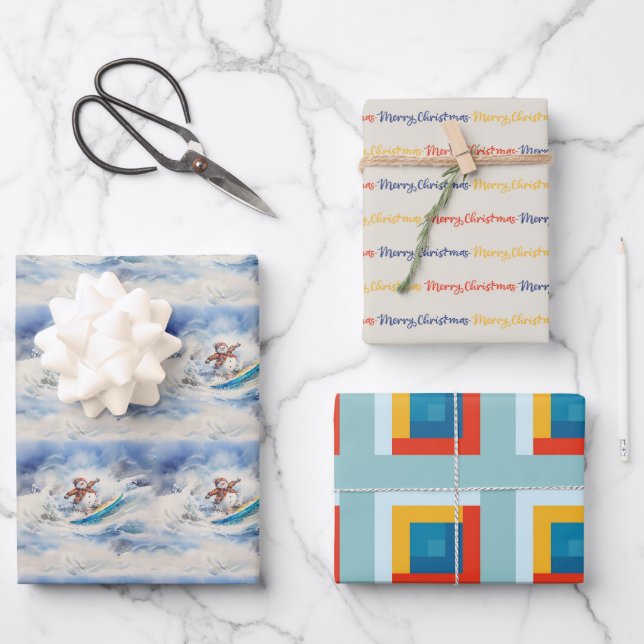 Watercolor Surfing Snowman Wrapping Paper Sheets (Front)