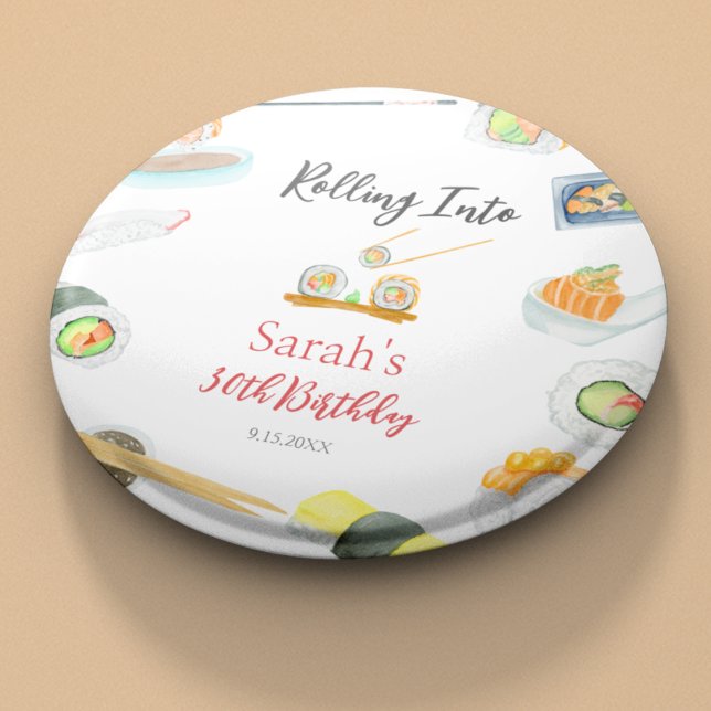 Watercolor Sushi and Sashimi Birthday White Button (Creator Uploaded)