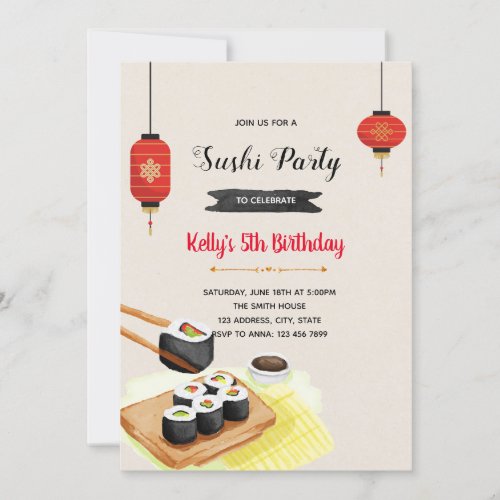 Watercolor sushi party invitation